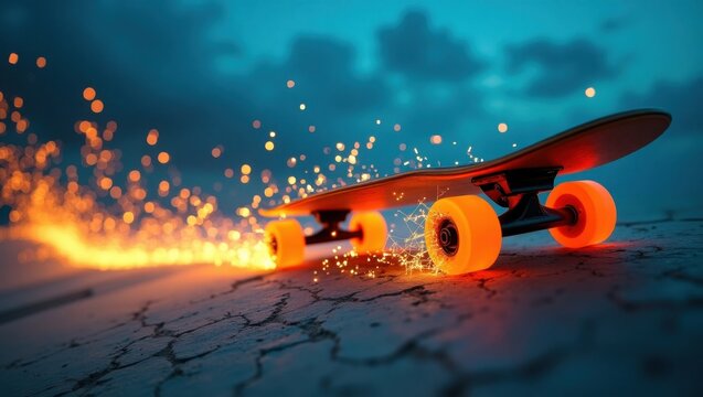 Patineta con ruedas en llamas de color naranja se desliza por una rampa de concreto 