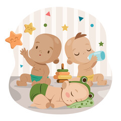 Obraz premium Flat Cute Three Little Babies Illustration