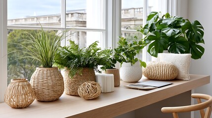 Scandinavian Style Workspace Design with Plants and Wooden Elements