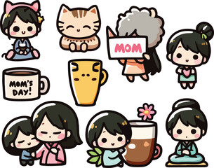 Cute Kawaii Mothers Day Stickers. Adorable Mom Day Elements. Cartoon Illustration
