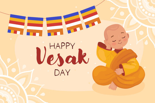 Happy Vesak day, card for buddhist holiday. Cute character, little boy Buddhist monk in yellow clothes and a garland of Buddhist flags. Thoughtful smiling monk.
