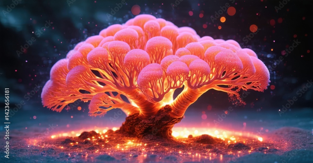 Poster glowing pink tree radiates warmth. intricate branches support numerous bulbous forms, illuminated ba