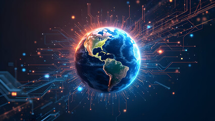 Obraz premium Digital Tapestry: Colorful Circuitry Weaves Global Tech Unity Around Earth