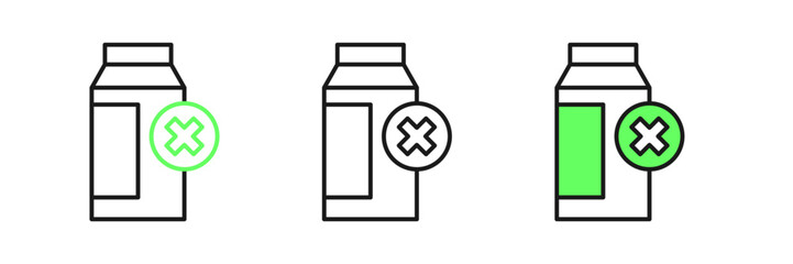 Set line Lactose intolerance icon isolated on white background. Not allow milk. Allergy concept, lactose intolerance allergy warning sign. Vector