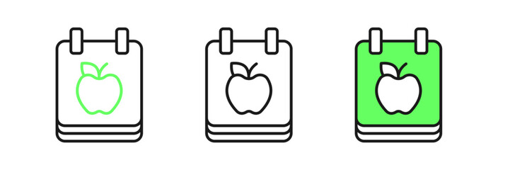 Set line Diet plan icon isolated on isolated on white background. Concept of fitness marathon, proper nutrition, healthy food, beautiful body, vegetables, slimming. Vector