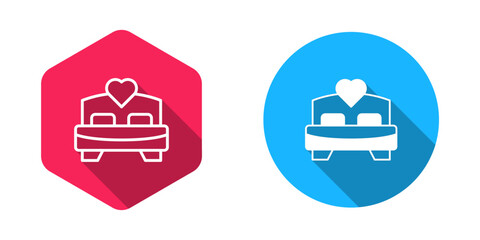 Filled and outline Bedroom icon isolated with long shadow background. Wedding, love, marriage symbol. Bedroom creative icon from honeymoon collection. Vector