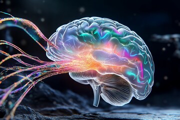 Obraz premium Futuristic digital neural network with glowing brain and electric connections