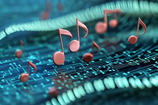 Digital music notes over circuitry representing sound and technology integration