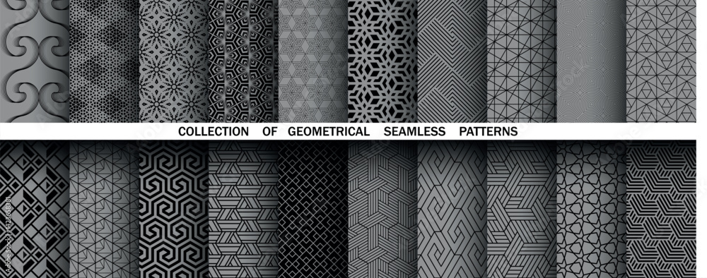 Poster Geometric set of seamless black and gray patterns. Simple vector graphics