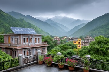 Naklejka premium Solar panels covering rooftops in a sustainable village