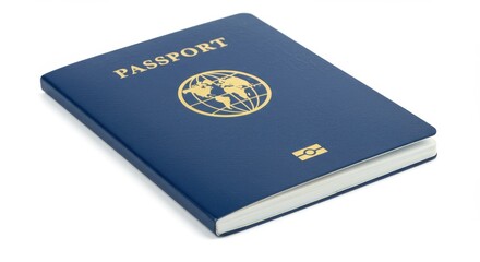 Closed passport book is displayed against a white background