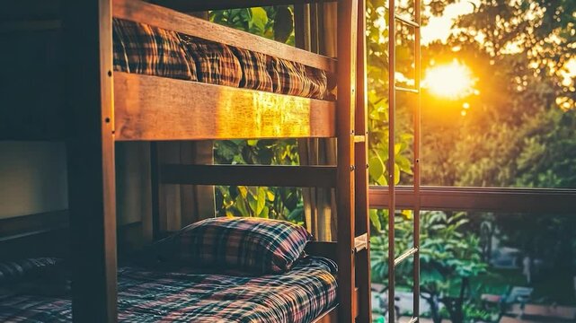 Wooden bunk bed at sunset