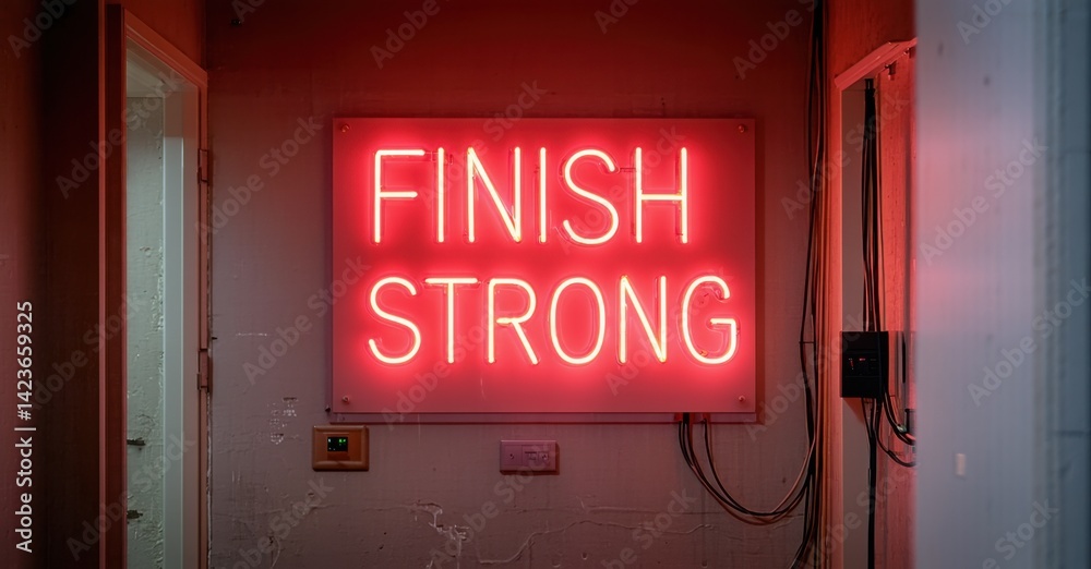 Poster Neon sign displaying FINISH STRONG mounted on wall. Red glow illuminates surrounding area. Minimalist aesthetic. Motivational message. Simple composition.