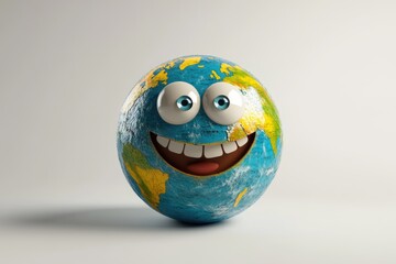 A happy cartoon Earth globe with big eyes and a wide smile, expressing joy and optimism.