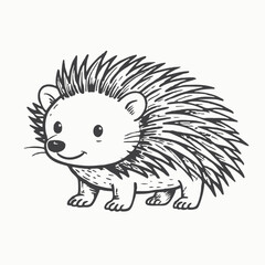 Cute black little hedgehog cartoon posing Sketch Hand drawn single line art use for logo poster