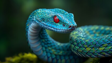 Observing Colorful Viper Snake with Red Eyes in Natural Habitat Close Up