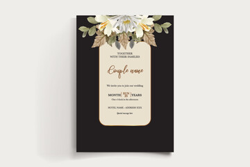 WEDDING INVITATION FRAME WITH FLOWER DECORATIONS AND FRESH LEAVES