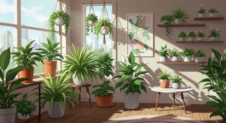 Cozy indoor space filled with air-purifying houseplants like spider plants and peace lilies
