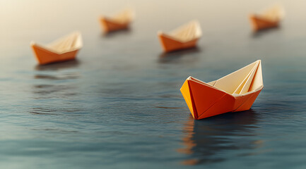 Paper boat steers the fleet with newcomers joining the crew. Teamwork, cooperation, leadership, partnership, and participation. Leadership concept, yellow leader boat guiding boats.