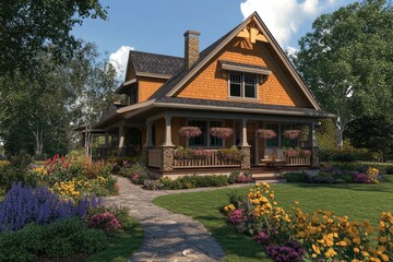 A charming Craftsman-style house with a spacious porch, surrounded by a vibrant, colorful garden.