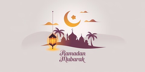 A spiritually serene traditional Ramadan-themed illustration featuring a crescent moon star illuminating a silhouetted mosque palm trees under a twilight sky with Ramadan Mubarak elegantly displayed