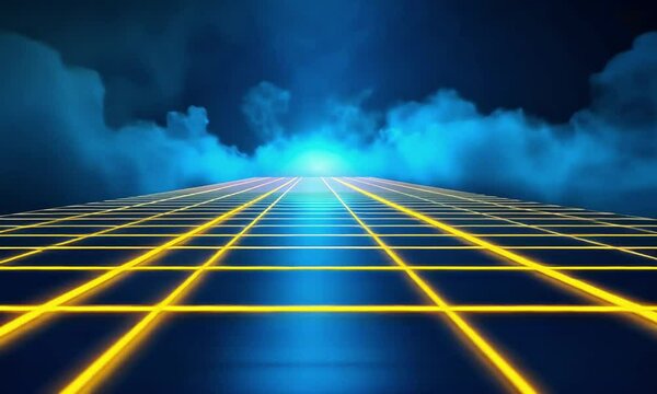 Dreamscape Neon Grid amidst fluffy clouds, Landscape in a video