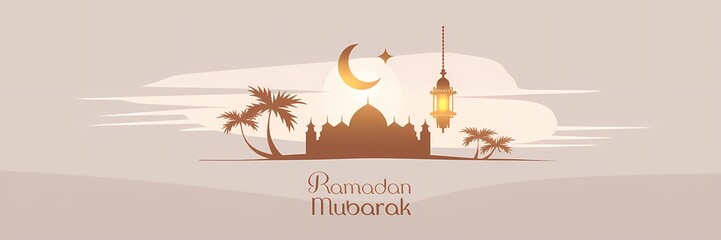 A spiritually serene traditional Ramadan-themed illustration featuring a crescent moon star illuminating a silhouetted mosque palm trees under a twilight sky with Ramadan Mubarak elegantly displayed