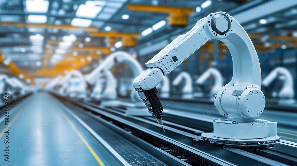 Poster a smart factory integrating robotics for seamless efficiency and reliability.