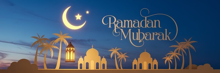 A spiritually serene traditional Ramadan-themed illustration featuring a crescent moon star illuminating a silhouetted mosque palm trees under a twilight sky with Ramadan Mubarak elegantly displayed