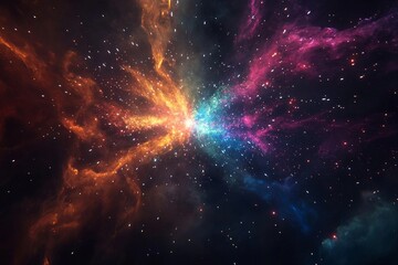 Cosmic explosion showcasing vibrant colors and swirling particles in deep space