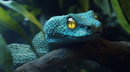 Blue Viper Resting on Branch in Jungle Foliage with Piercing Eyes