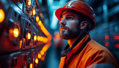 Worker in safety gear inspecting illuminated control panels in an industrial setting