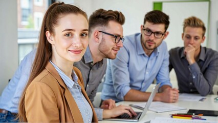 Team portrait full of ambition for success in a bright meeting room with a smiling young woman looking at the camera while a diverse young business team works collaboratively in the background