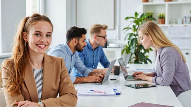Team portrait full of ambition for success in a bright meeting room with a smiling young woman looking at the camera while a diverse young business team works collaboratively in the background