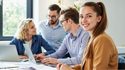 Fototapeta premium Team portrait full of ambition for success in a bright meeting room with a smiling young woman looking at the camera while a diverse young business team works collaboratively in the background