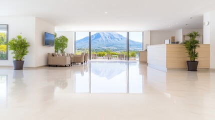 Modern hotel lobby with panoramic mountain views