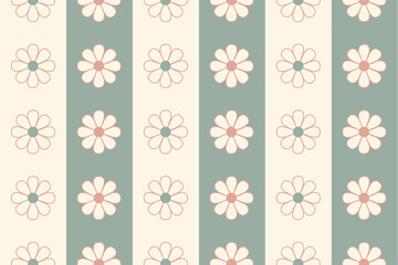 Seamless retro floral pattern with hand-drawn daisy motifs in pastel green and cream stripes. Retro striped background. Minimalist 70s-inspired design, perfect for fabric, wallpaper, wrapping paper