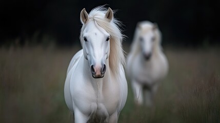 Two white horses in a field.  A  focused  image of  two  white  horses  in  a  natural  setting,  one  in  sharp  focus,  the  other  blurred,  emphasizing  motion