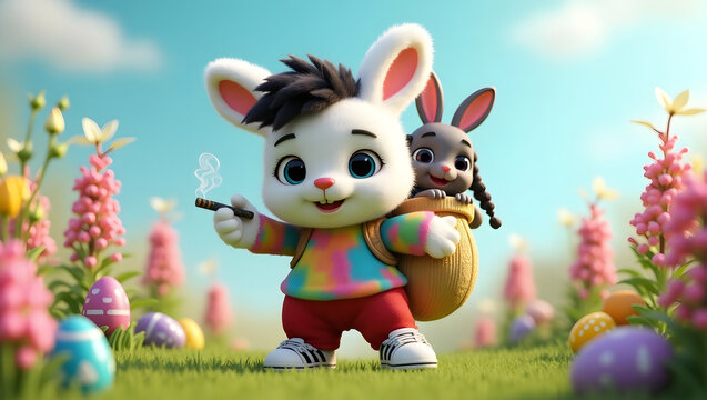 A cute and semi-realistic 3D teddy bear white and black rabbit character named Donte, with soft fluffy fur, big blue eyes that are red
