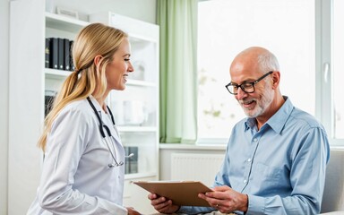 Caring medical care scene in a comfortable clinic examination room with a young female doctor showing information on a tablet and talking gently with an elderly male patient, explaining the treatment 