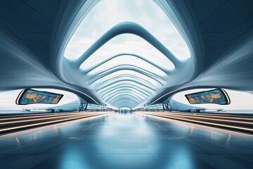 Fototapeta premium Futuristic airport terminal featuring flowing symmetrical lines and a sleek design with bright illumination
