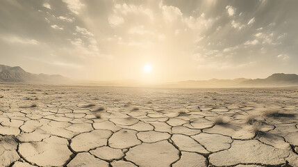 Wide panorama of desolate cracked terrain with the sun faintly visible through the dust storm, drought and desertification concept.