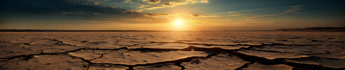 Wide panorama of desolate cracked terrain with the sun faintly visible through the dust storm, drought and desertification concept.