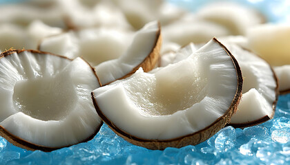 Fresh coconut slices arranged on ice, showcasing their texture and natural color for culinary use