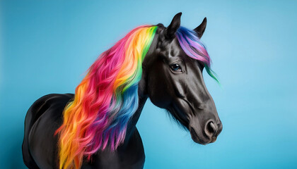 A beautiful black and white horse with rainbow colored hair on a light blue studio wallpaper background 