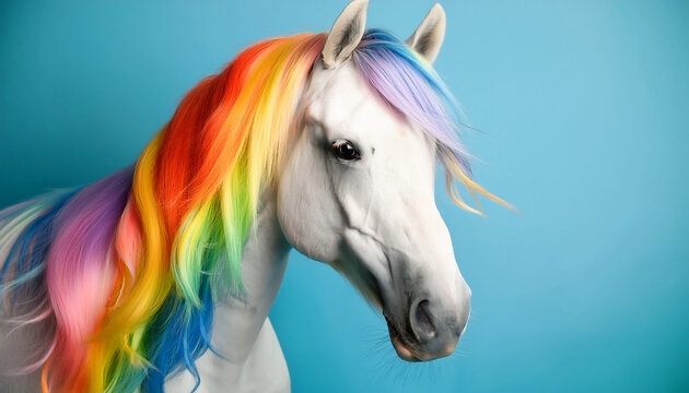 A beautiful black and white horse with rainbow colored hair on a light blue studio wallpaper background  - Powered by Adobe