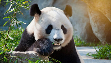 A cute panda bear on a green natural background