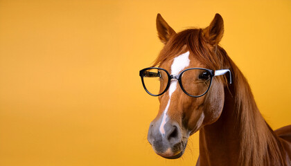 A beautiful horse with glasses in a light blue studio wallpaper background 