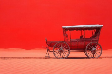 Red carriage rests on vibrant red sand under clear blue sky in an expansive desert landscape