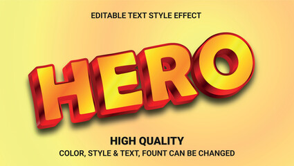 Editable yellow and red 3d text effect with bold word hero on gradient background for design use	